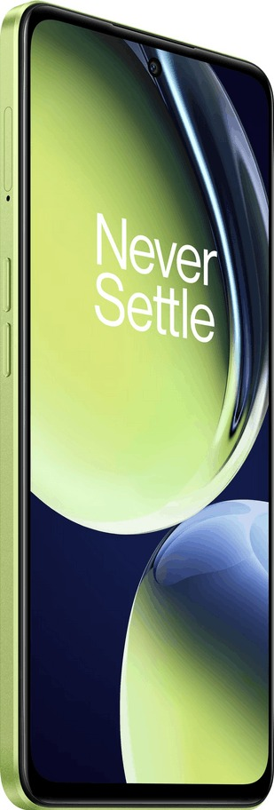 A green phone with the text "Never Settle" on the screen, viewed at an angle.