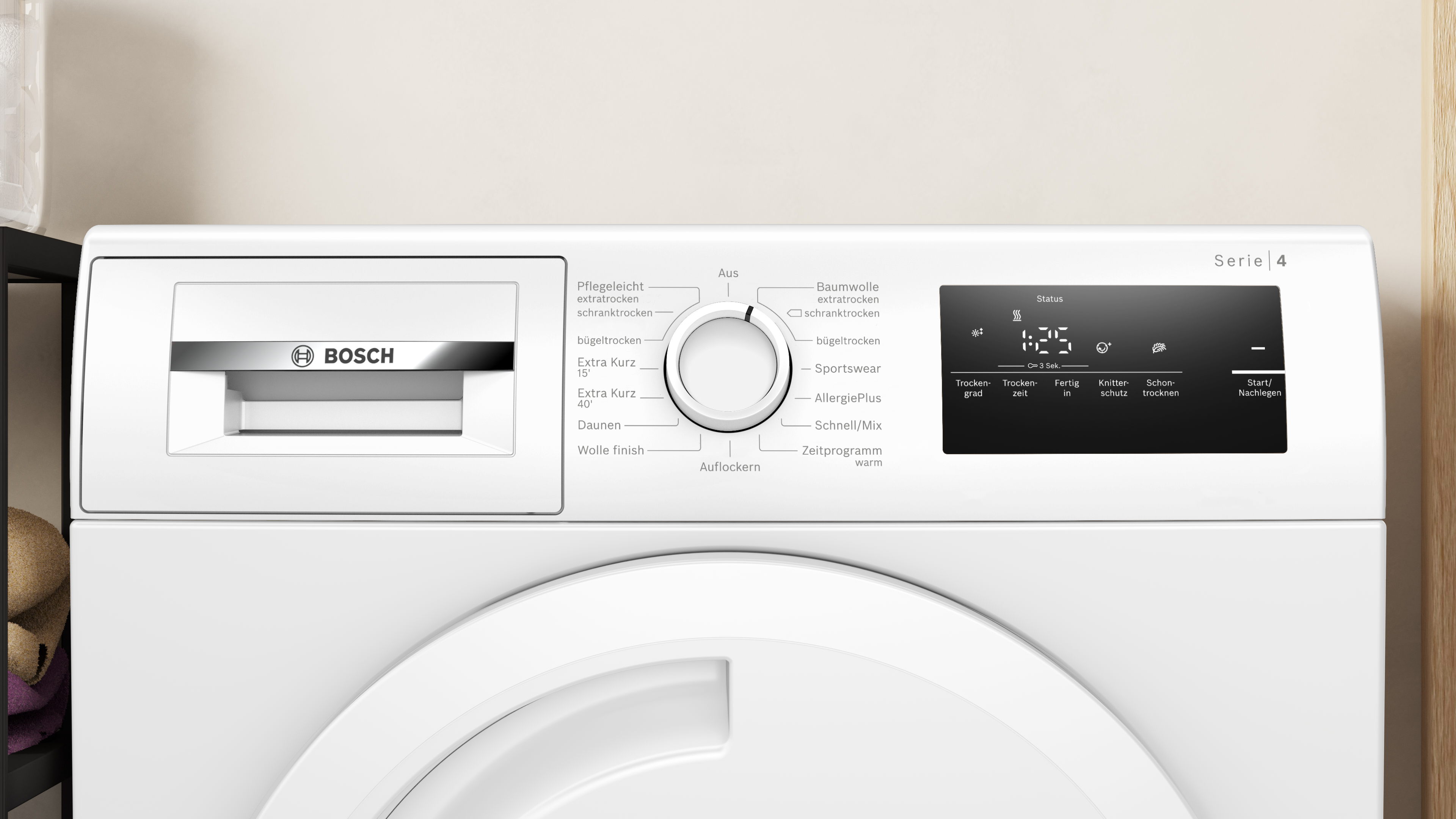 Bosch Trockner Bedienfeld mit Optionen und Digitalanzeige.