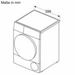 Illustration einer Waschmaschine mit Abmessungen auf weißem Hintergrund.