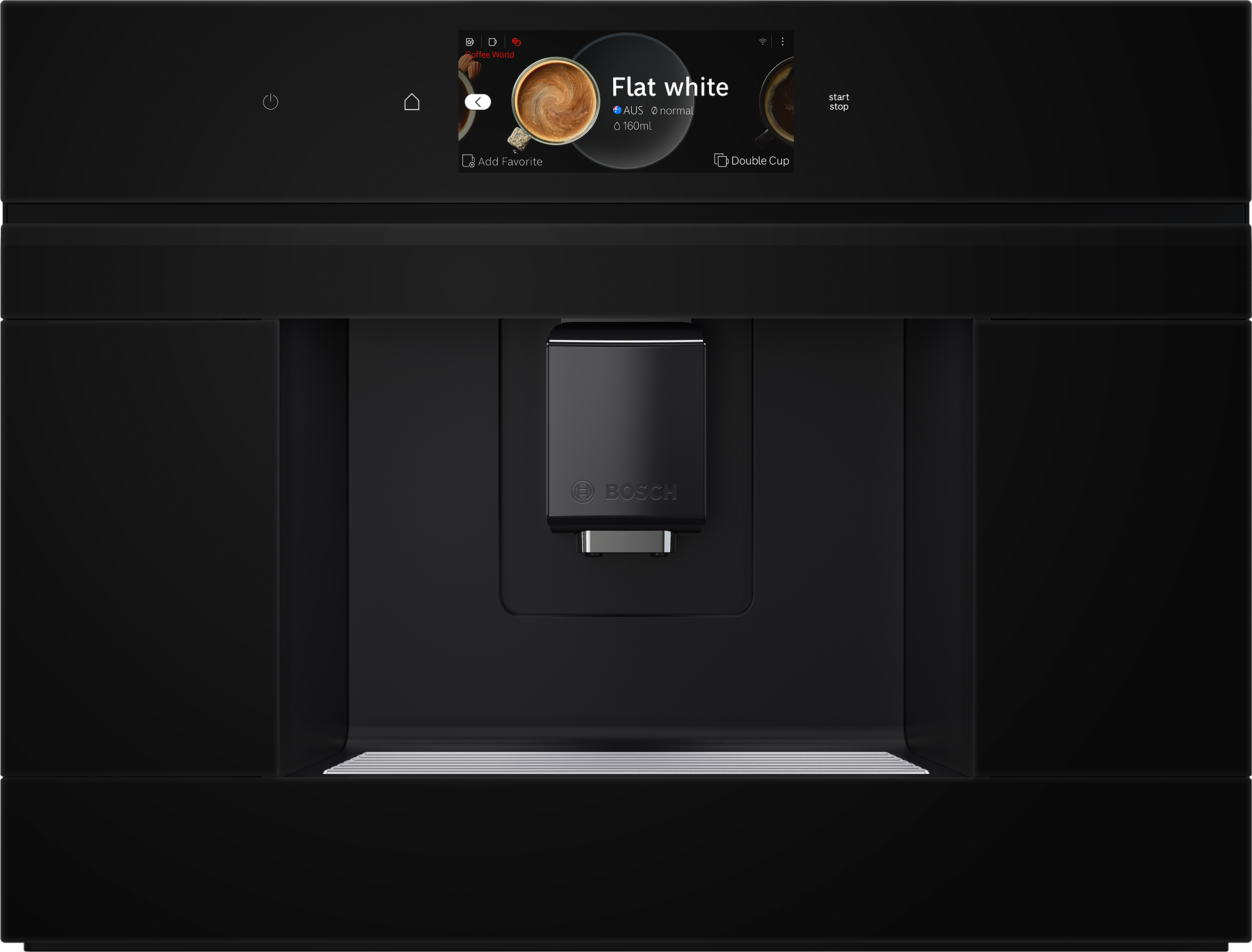 Eine schwarze Einbau-Kaffeemaschine mit Digitalanzeige, die einen Flat White zeigt.