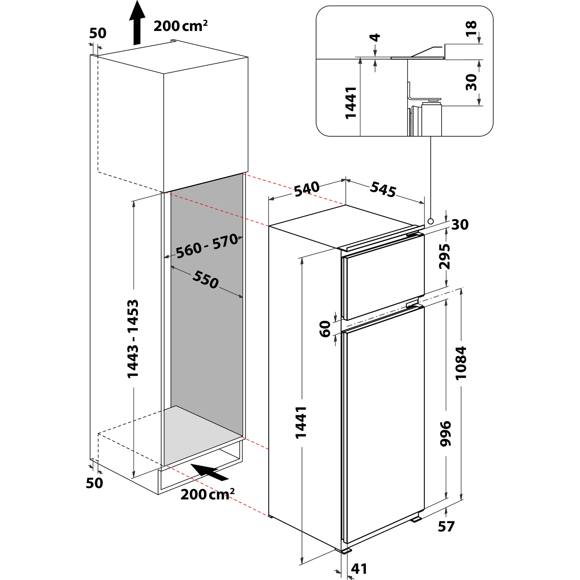 Diagramm eines Kühlschranks mit Maßen.