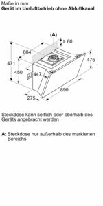 Technische Zeichnung einer Dunstabzugshaube mit Abmessungen. Eine Steckdose ist ebenfalls angegeben.