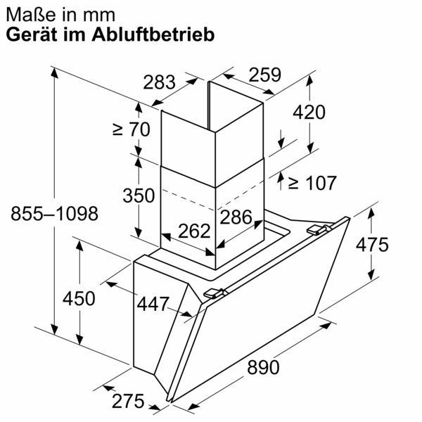 Isometrische Ansicht einer Dunstabzugshaube mit Abmessungen und Pfeilen.