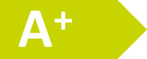 Nahaufnahme eines grünen Energielabels mit dem Symbol A+, das eine hohe Energieeffizienz anzeigt.