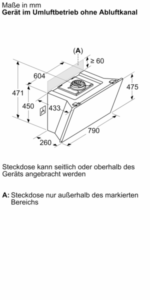 Diagramm einer Küchenhaube mit Maßen, Draufsicht und Seitenansicht, beschriftete Teile.