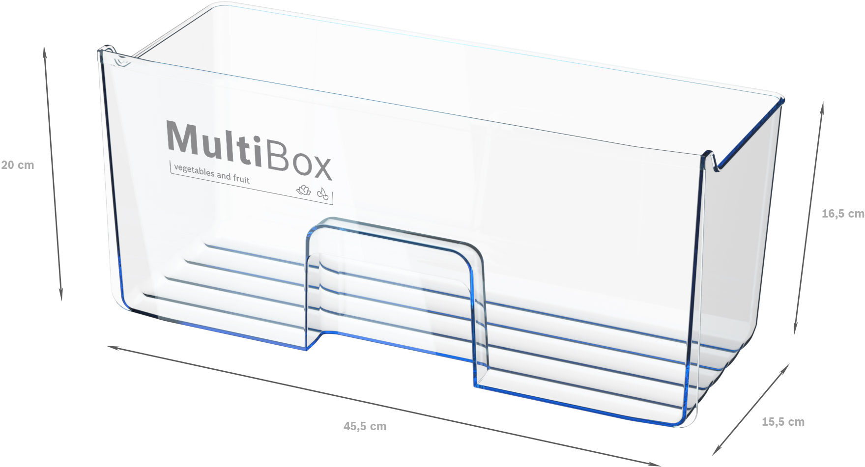 Transparente Kunststoff-MultiBox für Gemüse und Obst. Sie hat in Zentimetern beschriftete Abmessungen.