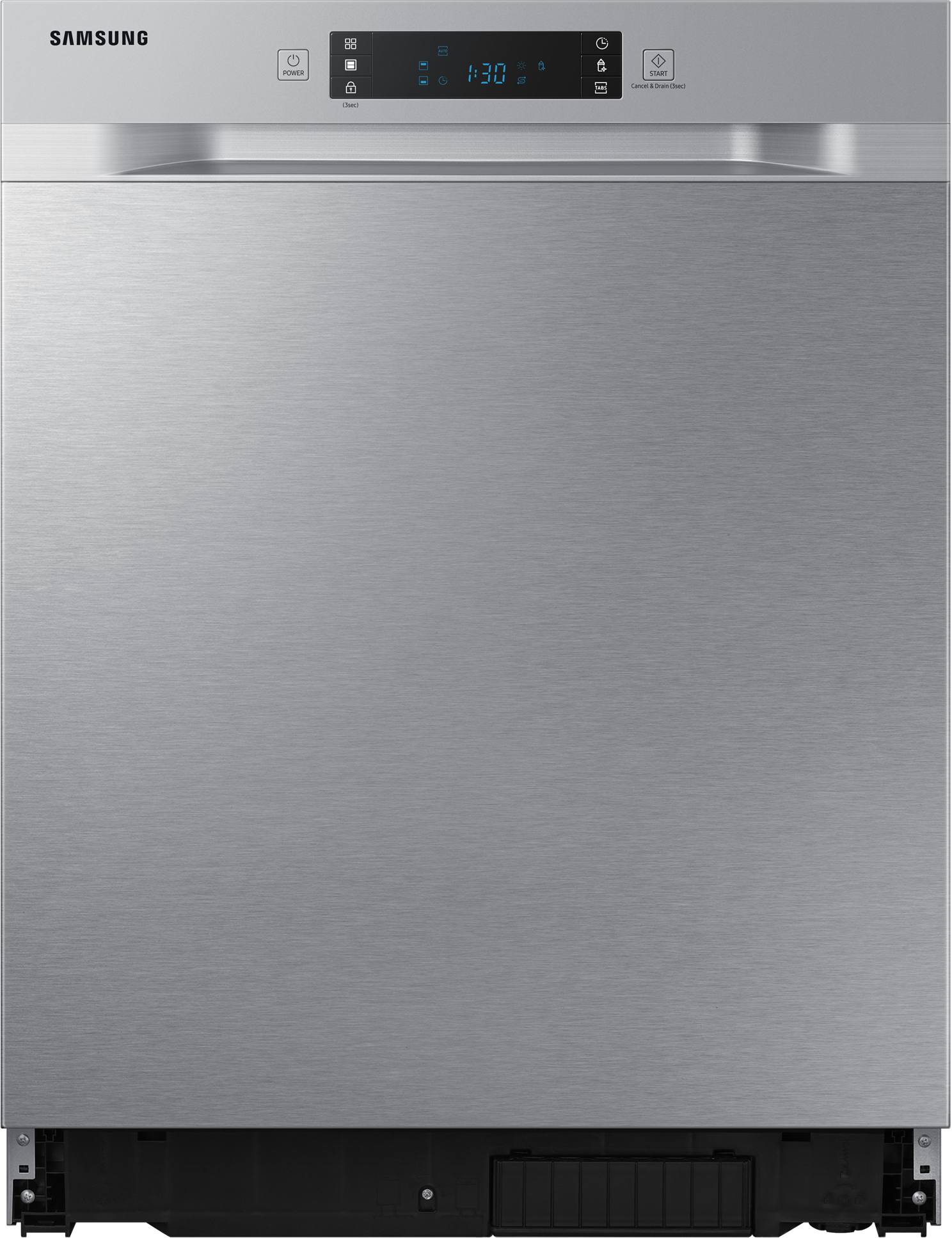 Ein Edelstahl-Geschirrspüler von Samsung. Das Bedienfeld oben zeigt Einstellungen und Uhrzeit.