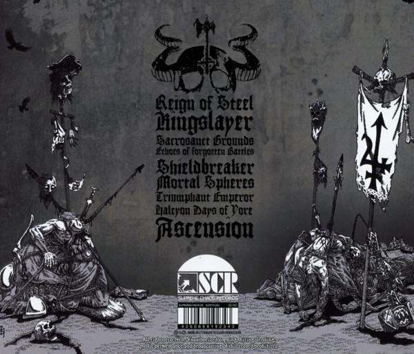 Albumcover mit Text und Illustrationen einer Band, schwarz und weiß.