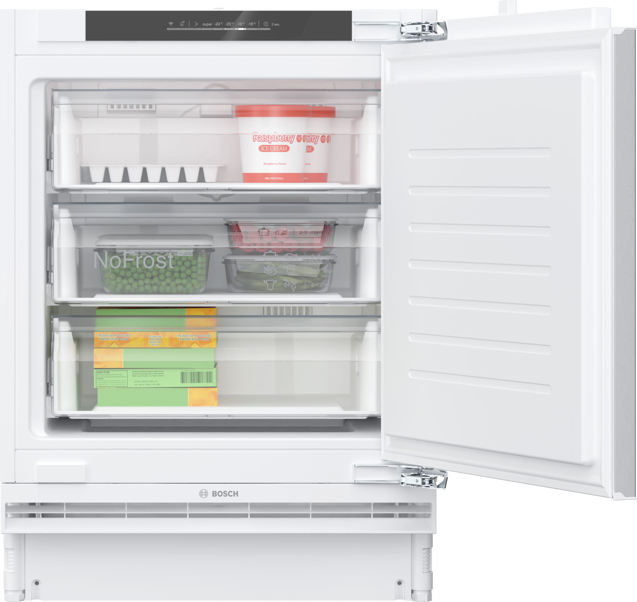 Weißer Bosch-Kühlschrank mit offener Tür. Innen Schubladen und Behälter mit Lebensmitteln.