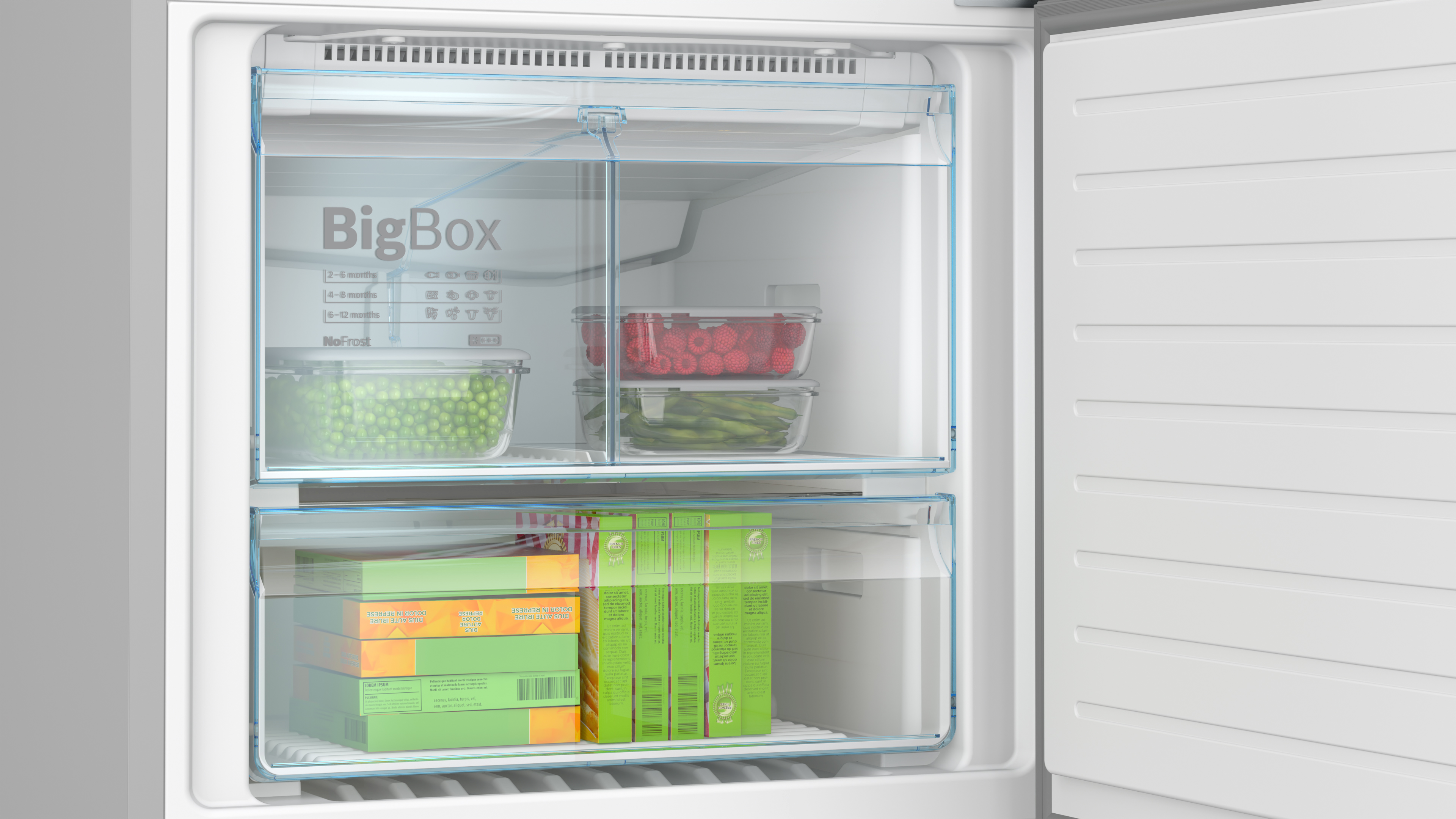 Kühlschrankinnenraum mit BigBox-Bereich, mit Beeren, Erbsen, Spargel und Verpackungen.