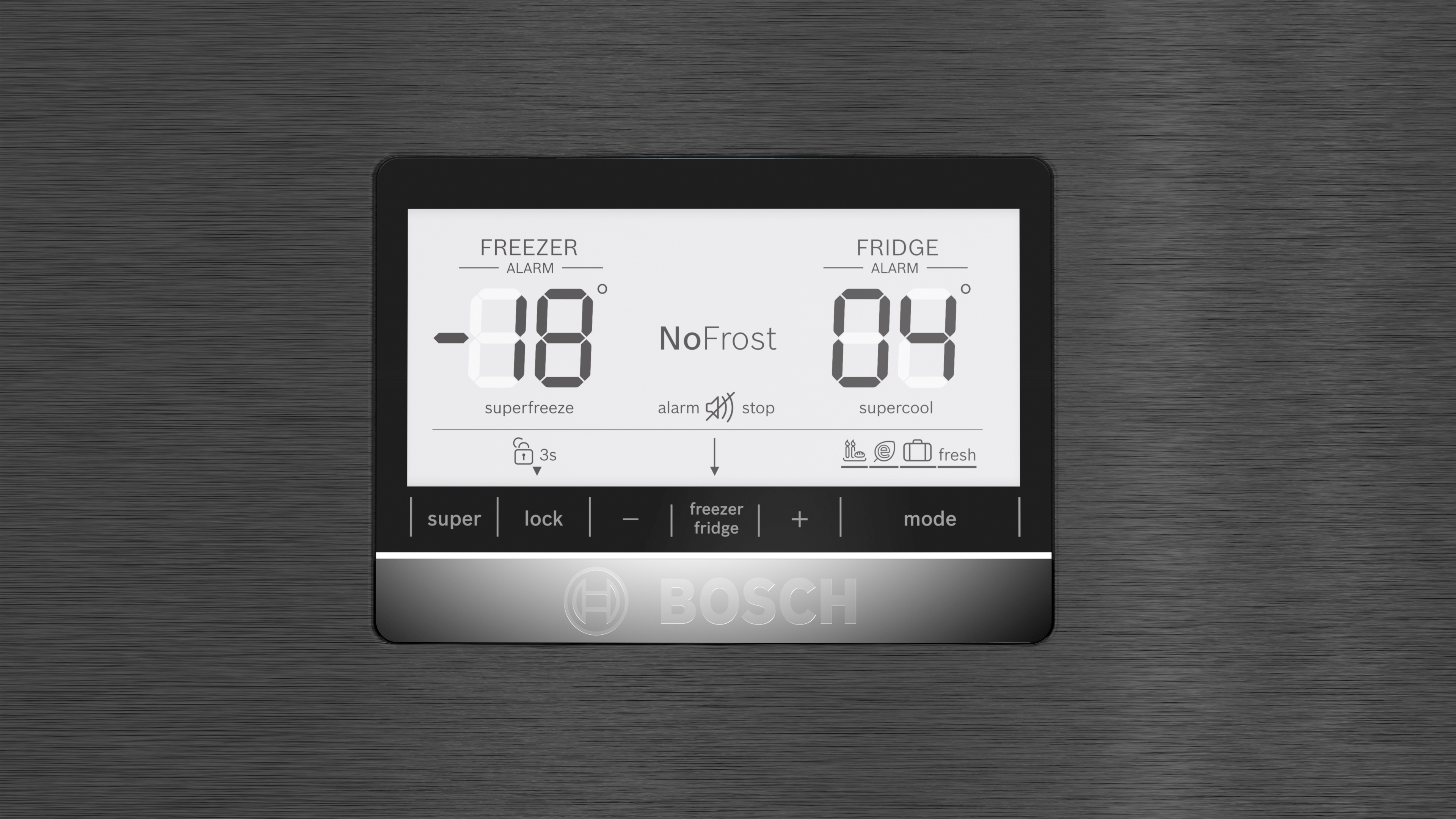 Schwarzes und silbernes Kühlschrank-Bedienfeld mit Digitalanzeige und Bosch-Logo.