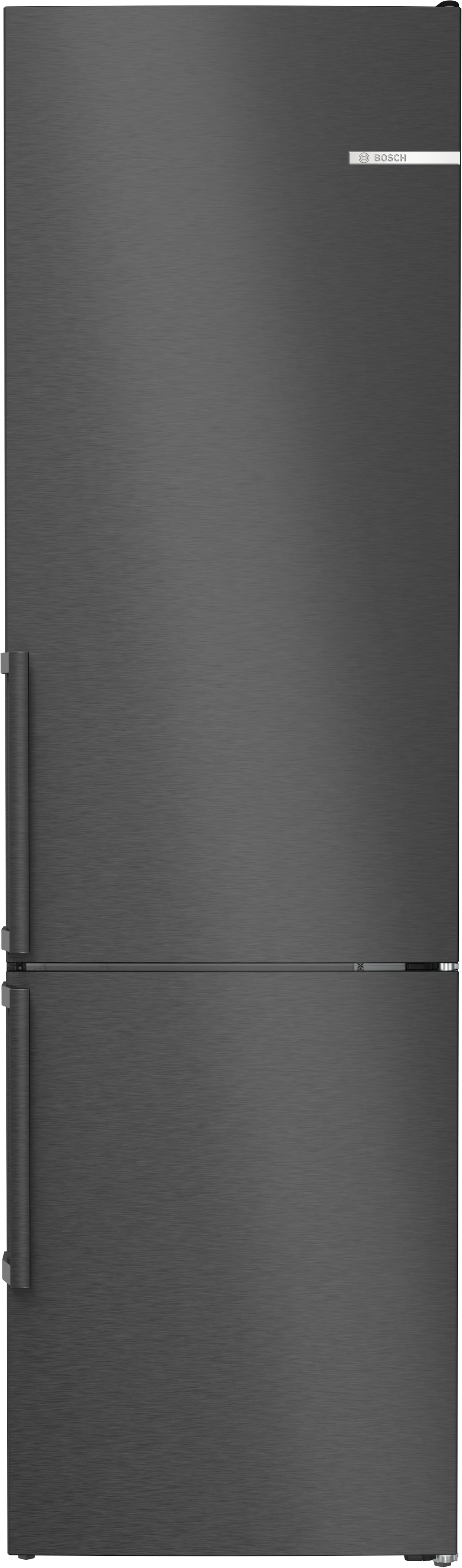 Dunkelgrauer Kühlschrank mit zwei Türen und Bosch-Logo oben.