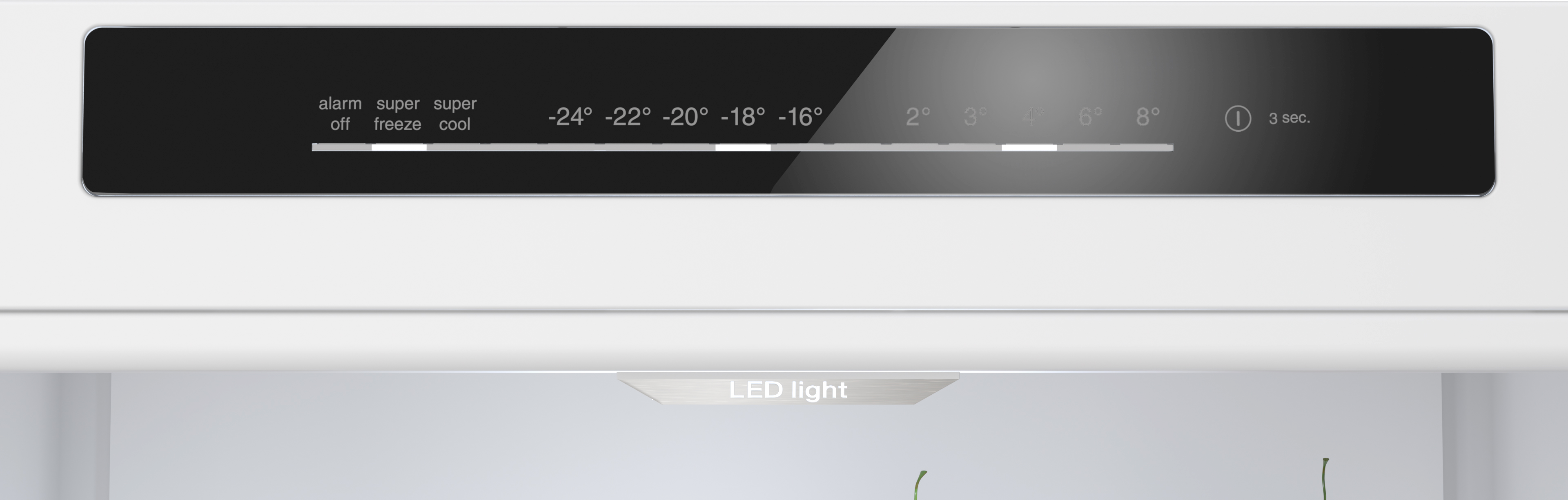 Ein Kühlschrank-Bedienfeld mit Temperatureinstellungen und einer LED-Lichtanzeige.