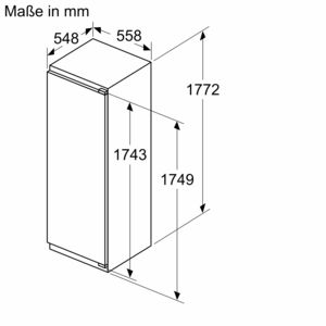 Diagramm eines Bosch-Kühlschranks mit Abmessungen in mm und einer Seitenansicht.