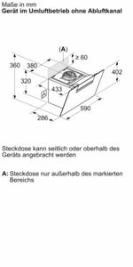 Diagramm eines Küchengeräts mit Abmessungen in Millimetern, Draufsicht.