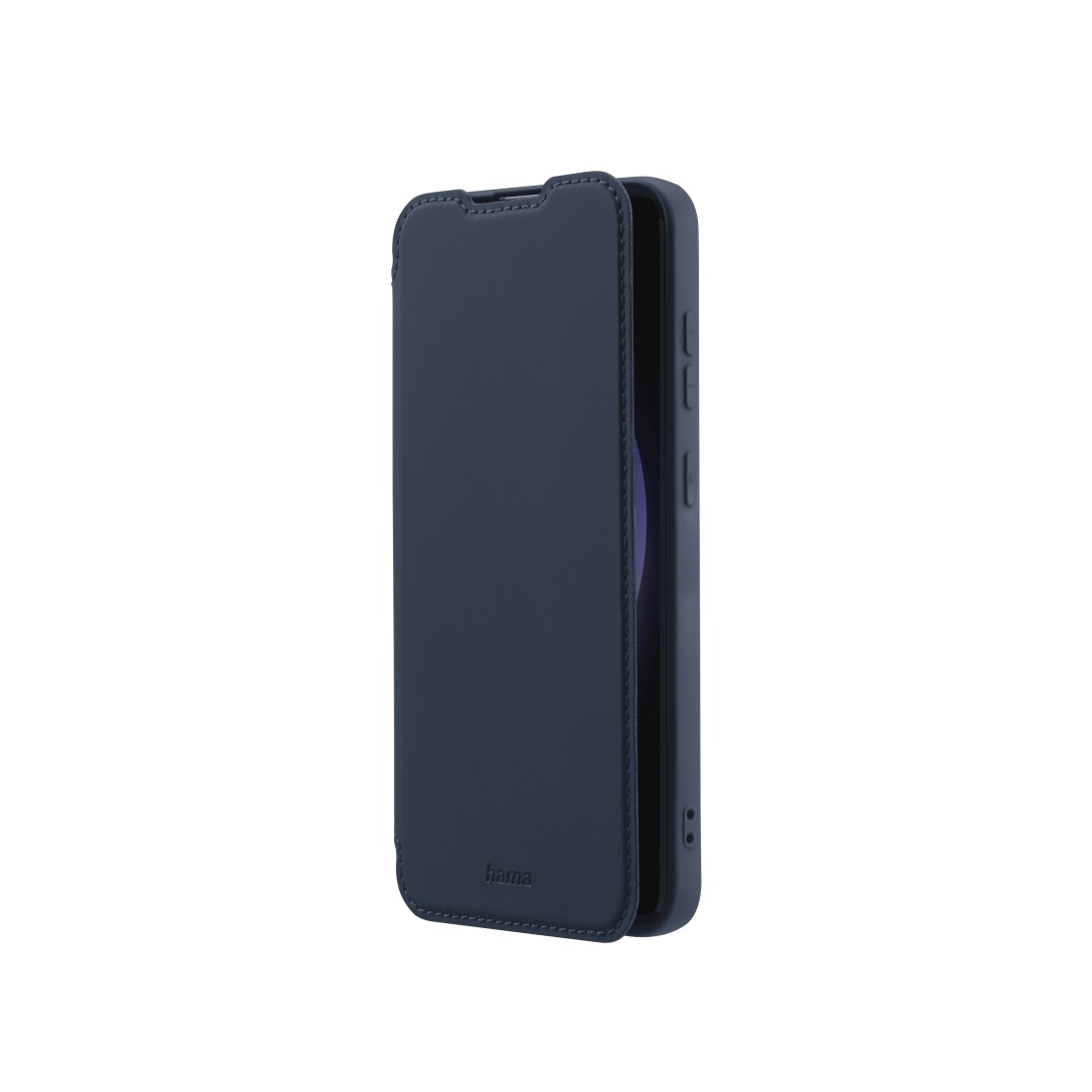 Eine marineblaue Handyhülle ist geöffnet und zeigt das Telefon im Inneren.