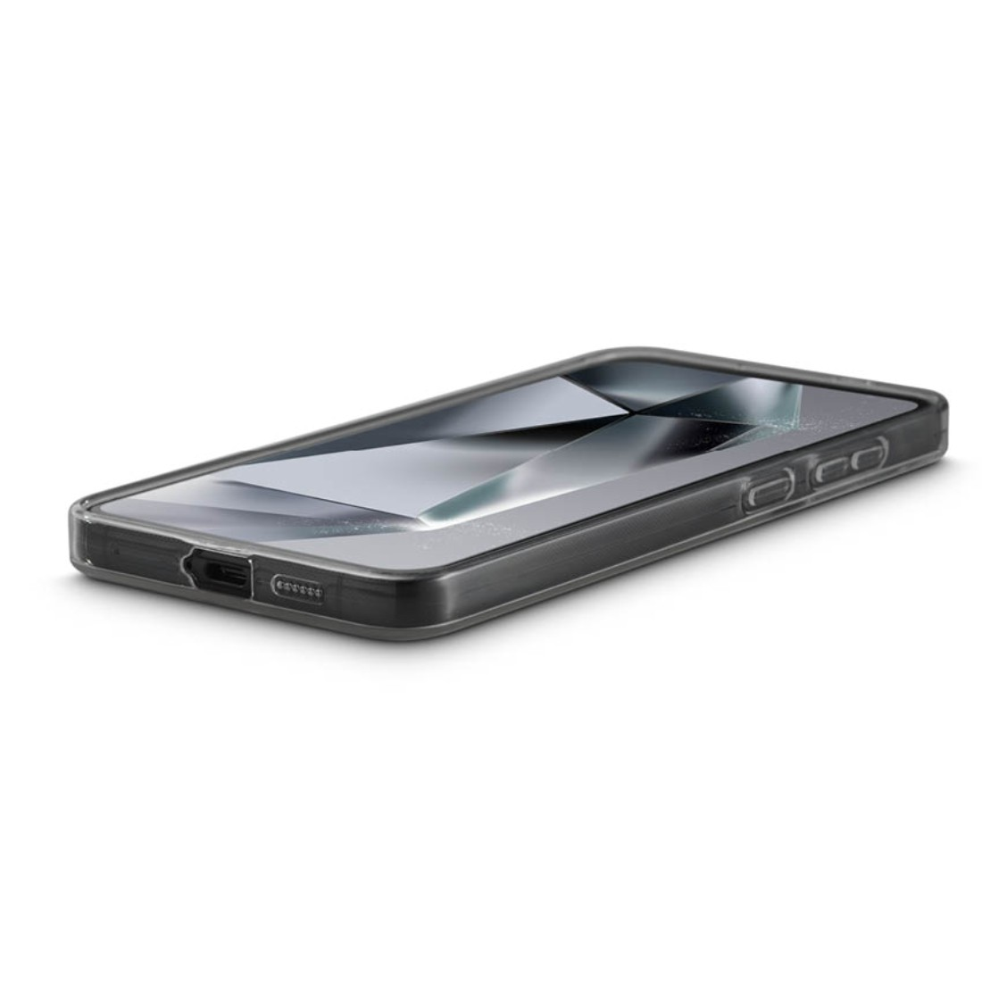Ein Telefon in einer durchsichtigen Schutzhülle, leicht angewinkelt. Die Hülle ist transparent. Weißer Hintergrund.