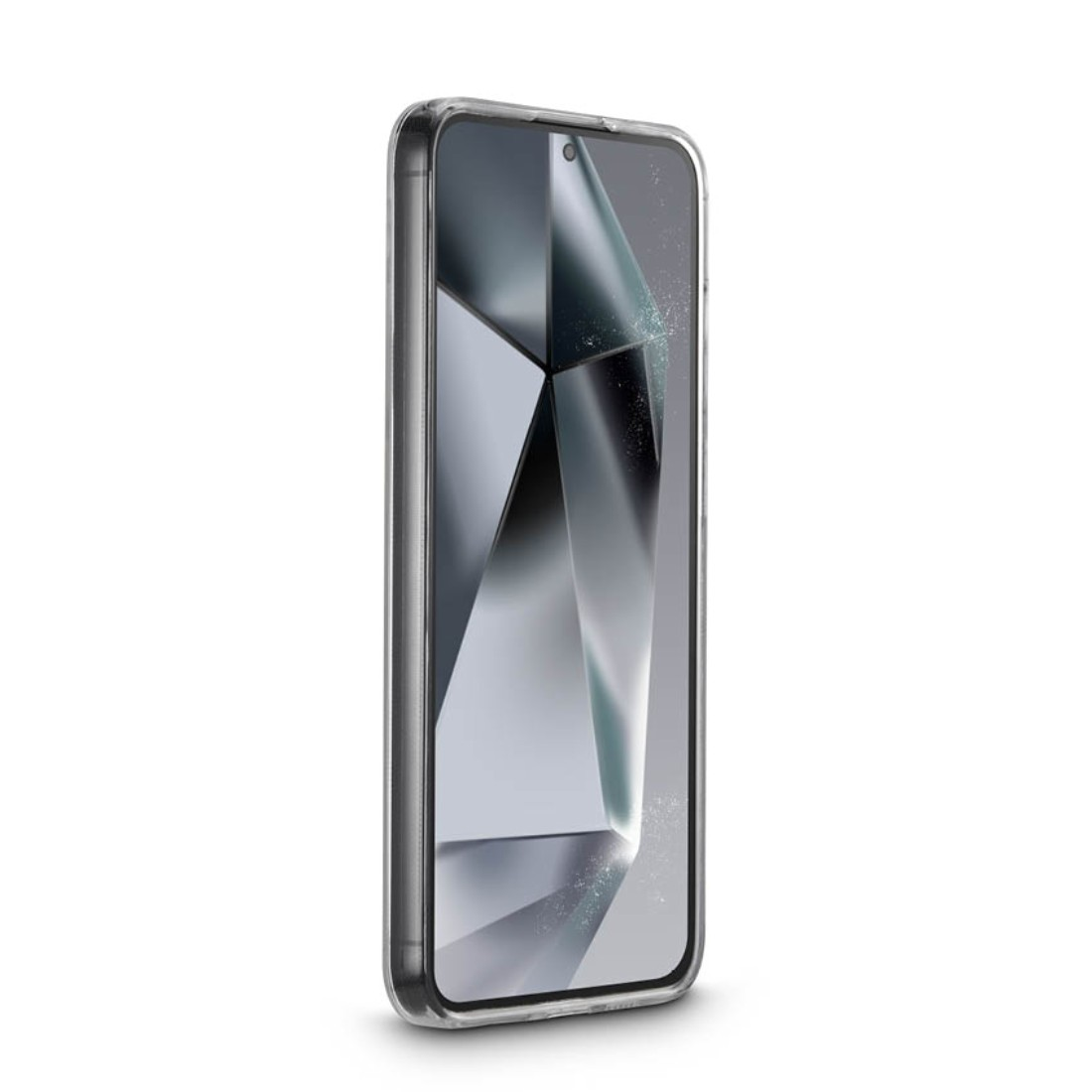 Telefon in klarer Hülle, abgewinkelt, mit klarem Bildschirm. Die Hülle hat einen klaren Rand.
