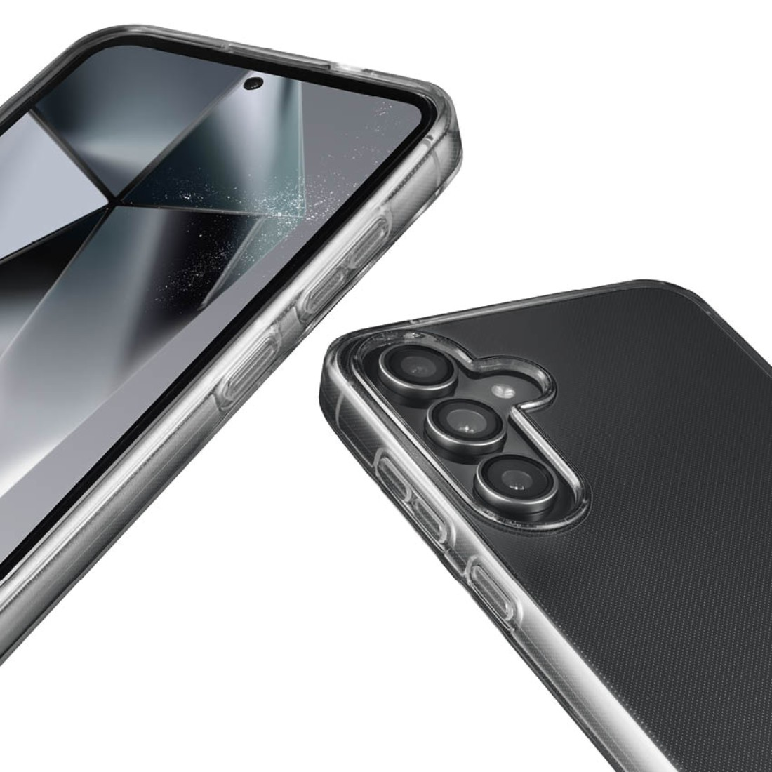 Zwei Telefone mit Hüllen. Ein Telefon hat eine Hülle, das andere nicht.