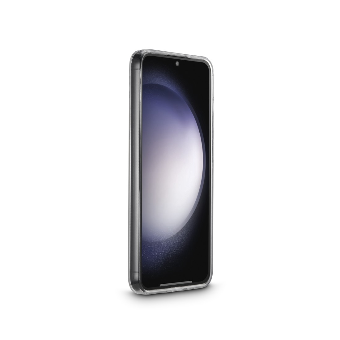 Smartphone in transparentem Gehäuse, nach rechts abgewinkelt, auf weißem Hintergrund.