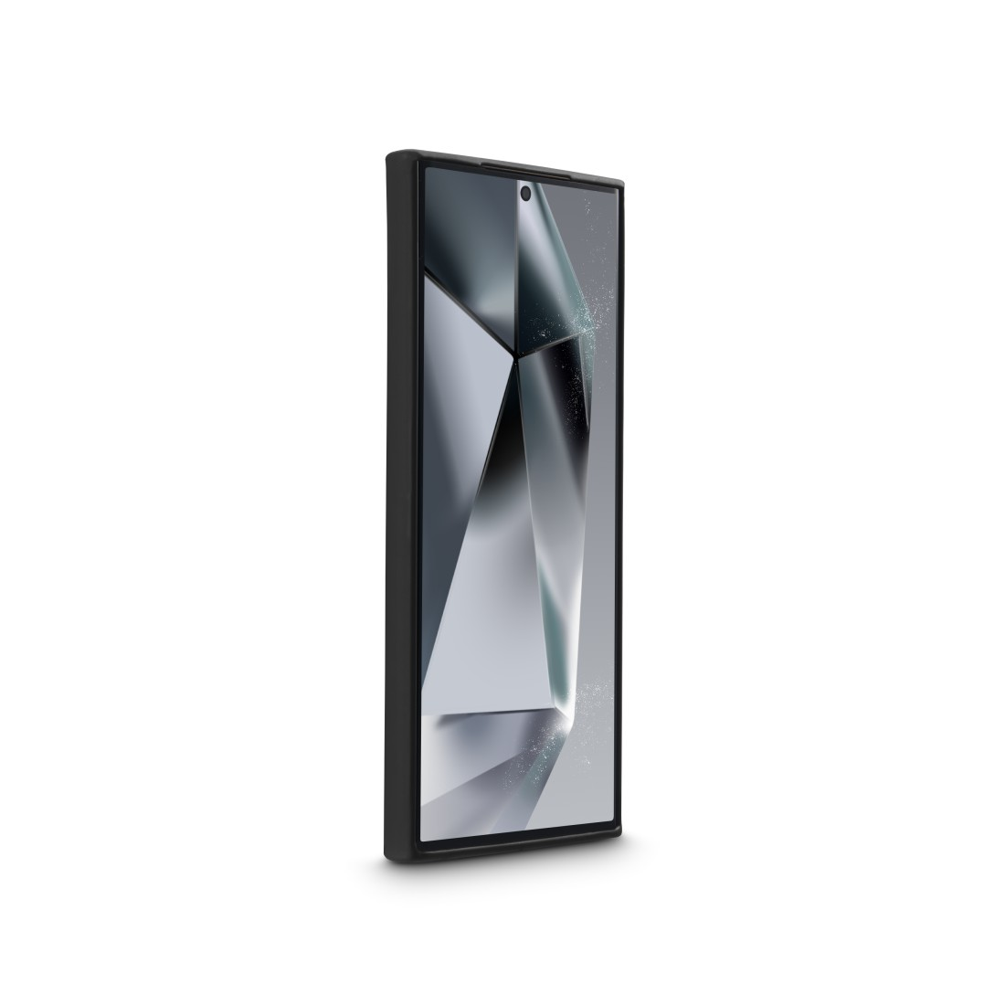 Schwarzes Telefon, Seitenansicht, mit geometrischem Design auf dem Bildschirm.
