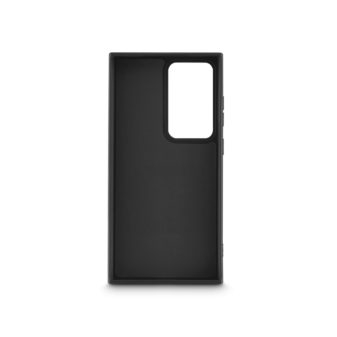 Eine schwarze Handyhülle mit großem Kamera Loch auf weißem Hintergrund.