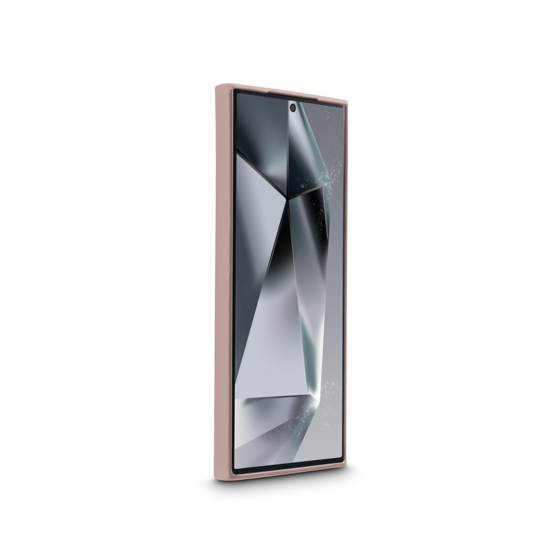 Ein Smartphone in einem rosa Gehäuse, leicht angewinkelt, das seinen Bildschirm zeigt.