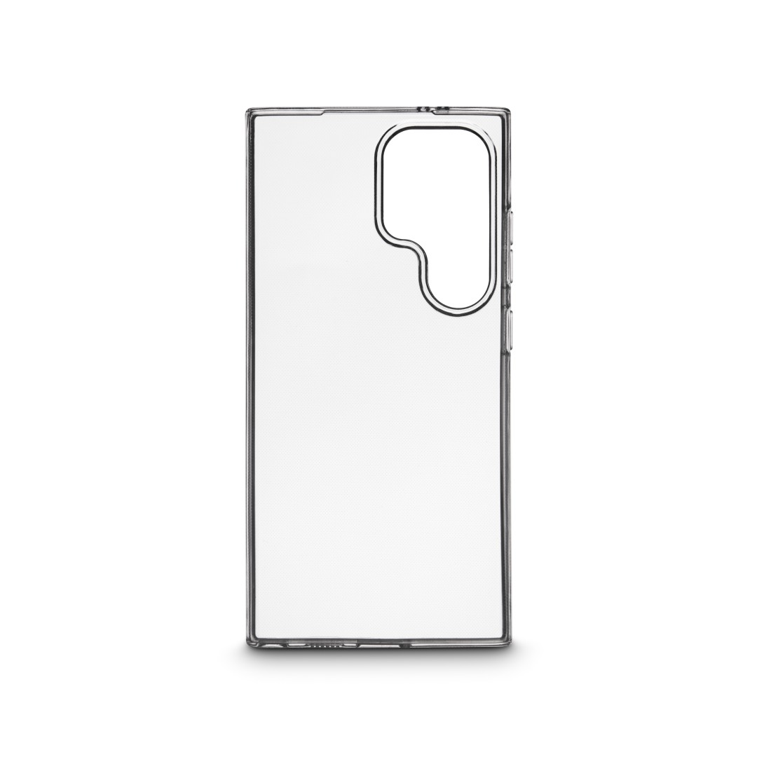 Eine transparente Handyhülle mit Knopfumrissen auf weißem Untergrund.