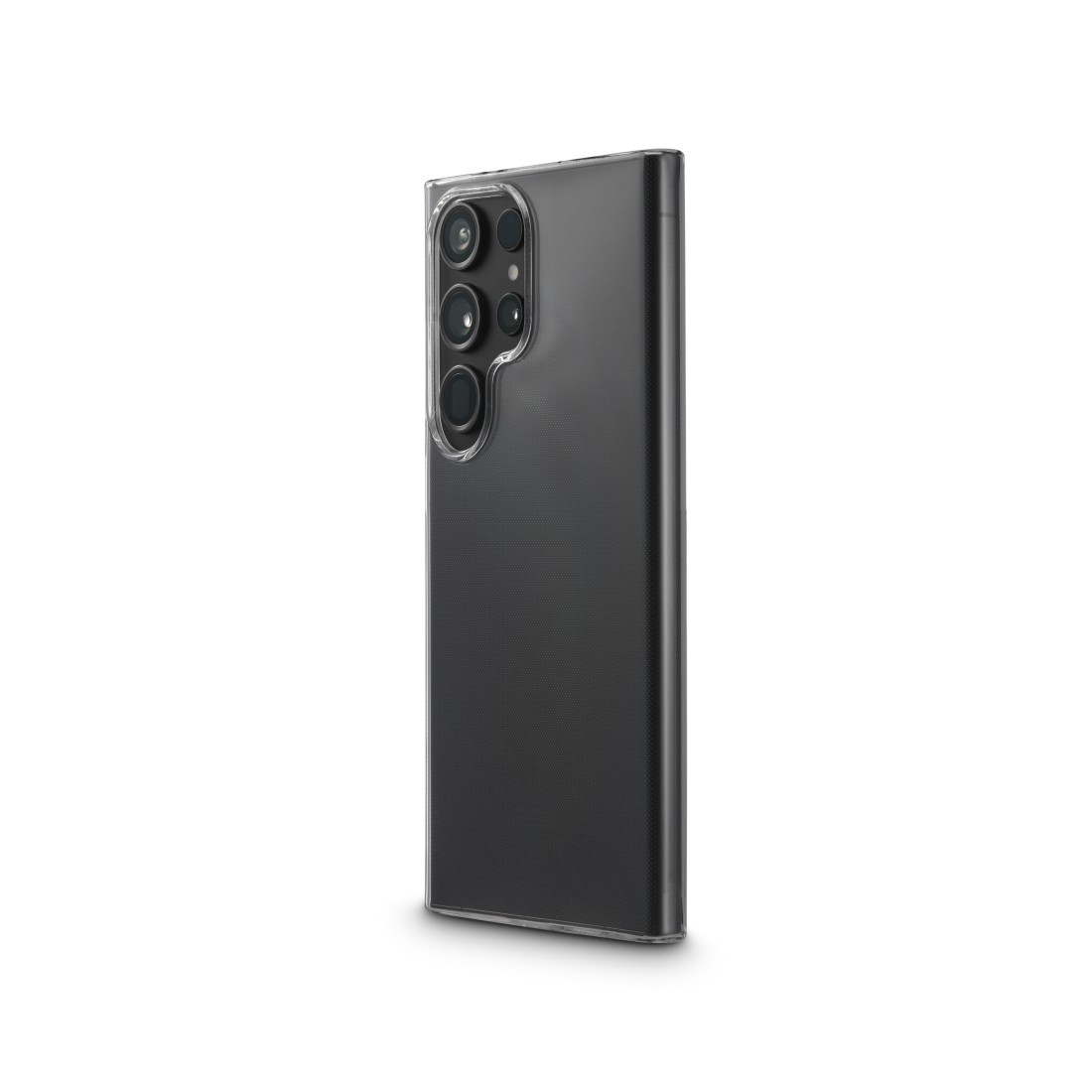 Schwarzes Smartphone in einer transparenten Hülle, isoliert auf weißem Hintergrund.