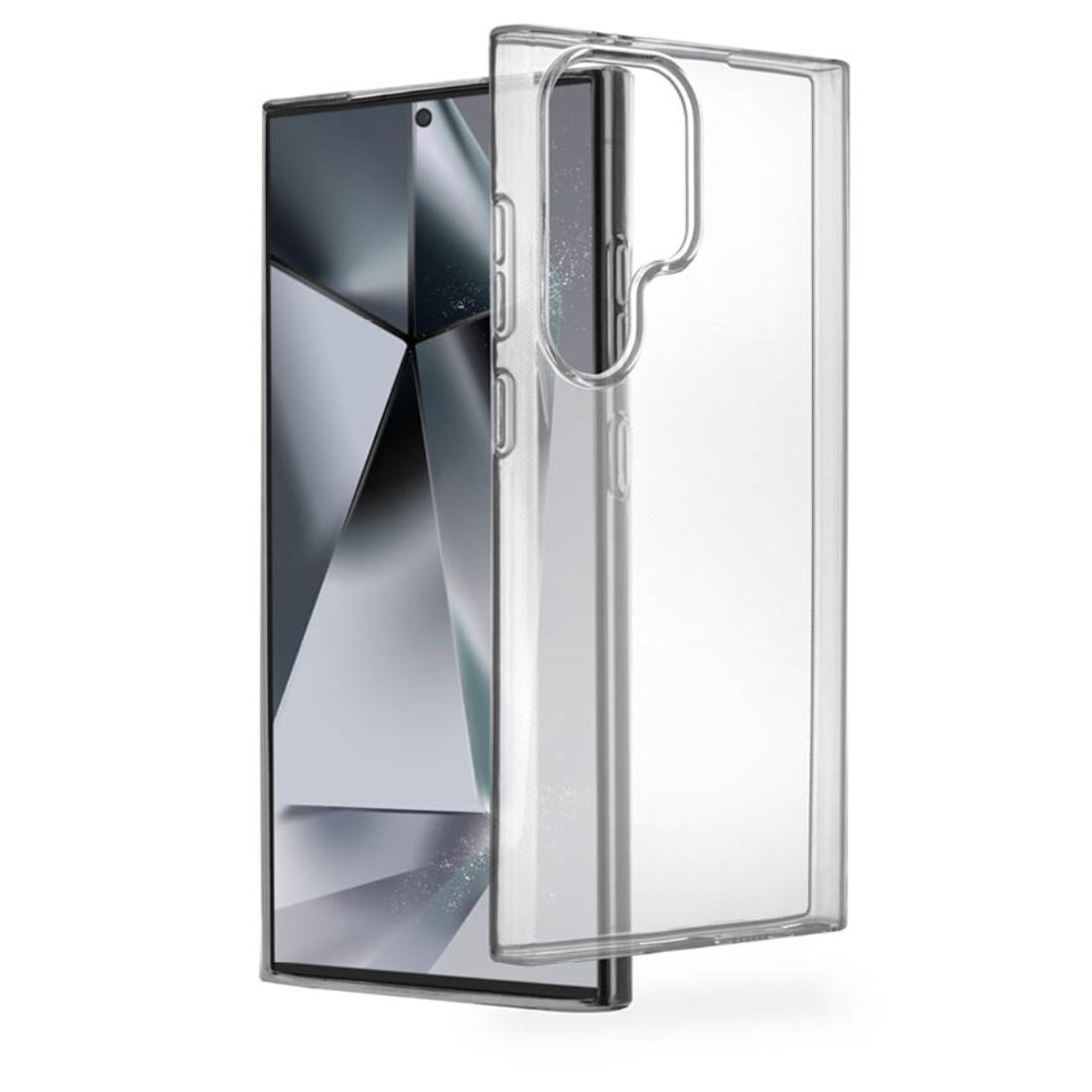 Telefon mit transparenter Hülle, zeigt die Rückseite des Telefons und die Hülle.