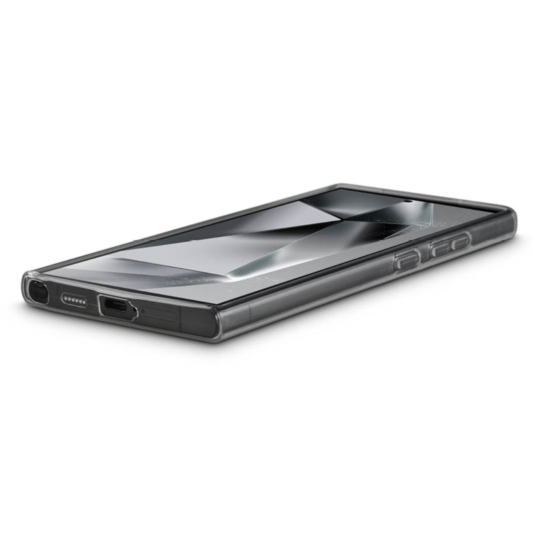 Smartphone in Schutzhülle auf weißem Grund. Winkelansicht, transparente Hülle.