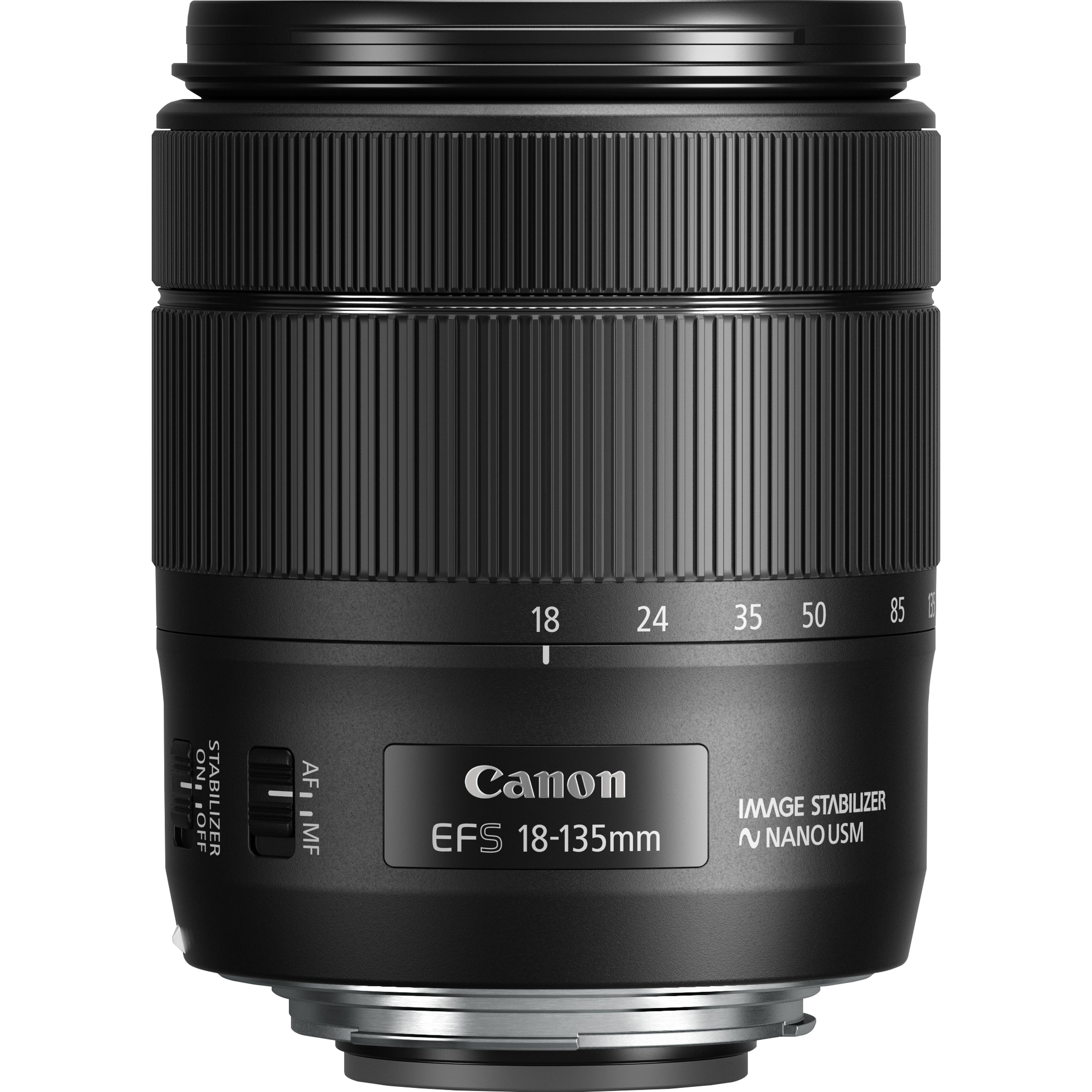 Schwarzes Canon EFS 18-135mm Kameraobjektiv mit Fokus- und Stabilisierungsdetails.