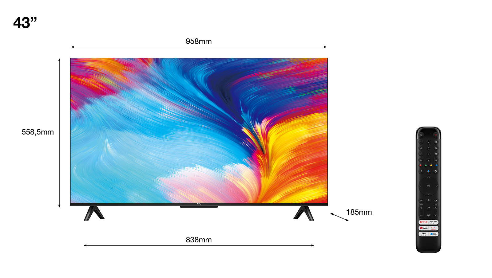 TV de 43 pulgadas con dimensiones, pantalla colorida y mando.