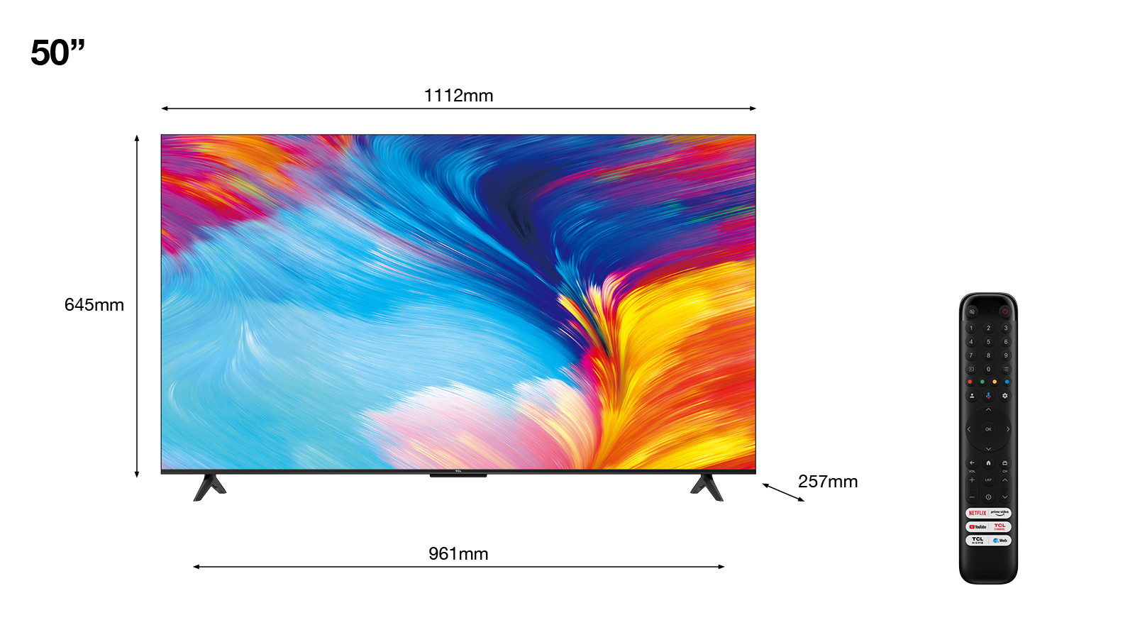 Un televisor de 50 pulgadas con un mando a distancia, que muestra las dimensiones y una pantalla colorida.