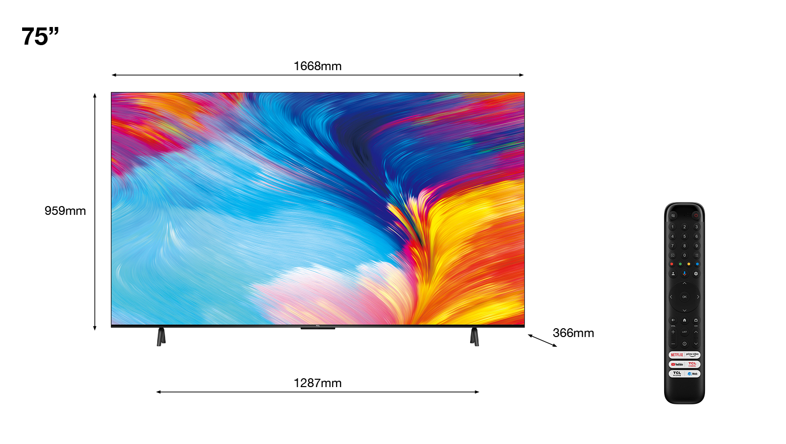 Un televisor de 75 pulgadas con pantalla colorida, mando y dimensiones mostradas.
