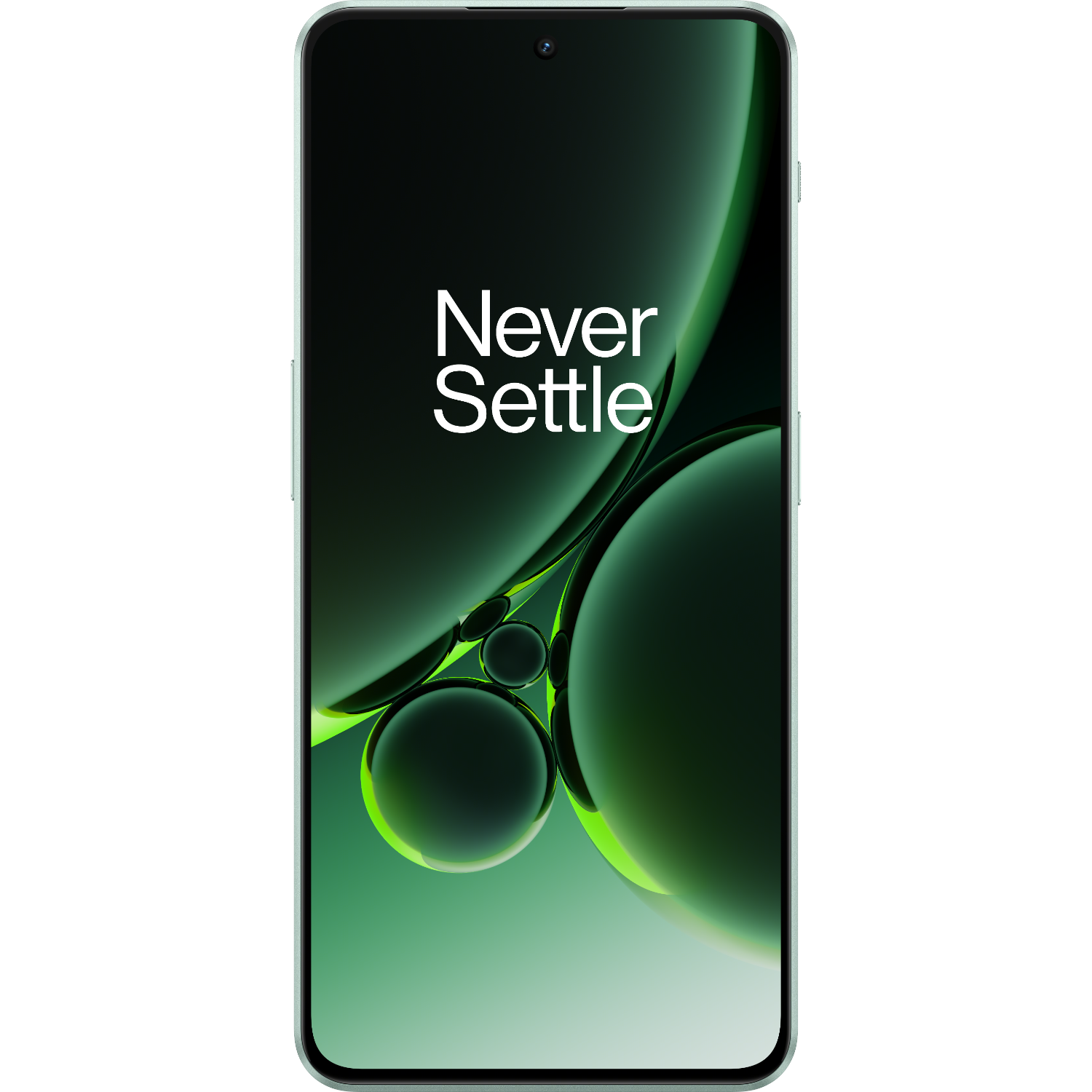 Smartphone met groen en zwart scherm. Tekst: 'Never Settle'. Zwarte achtergrond met groene cirkels.