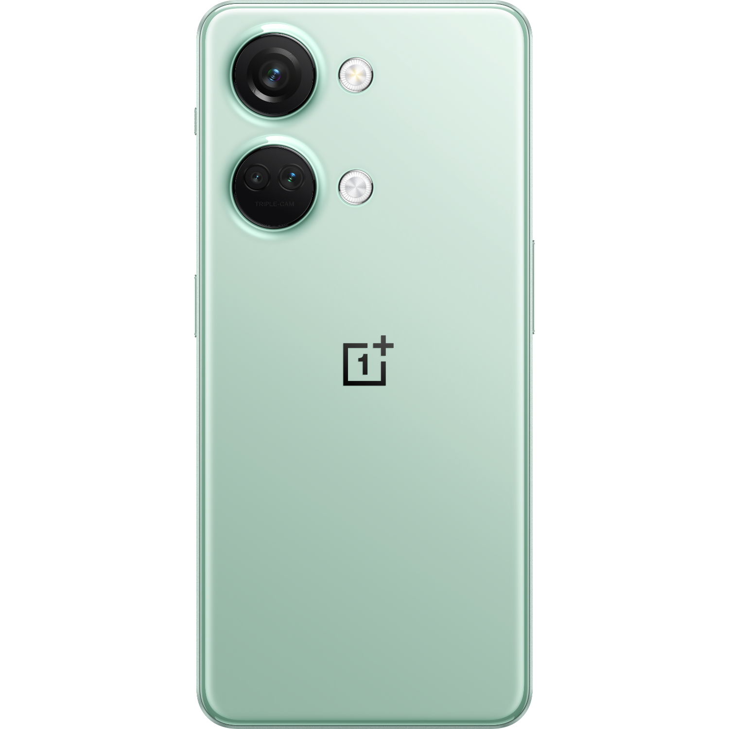 Een mintgroene telefoonachterkant met drie camera's en het OnePlus-logo.