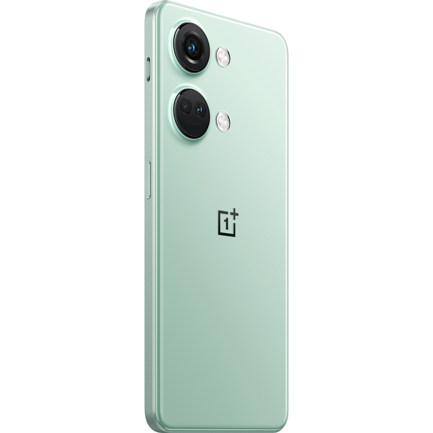 Mintgroene smartphone met twee cameralenzen en een OnePlus-logo, schuine weergave.