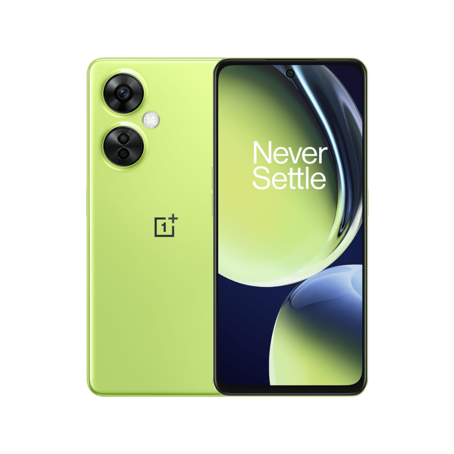 Green smartphone with a camera bump and the text "Never Settle" on the screen. Black background.