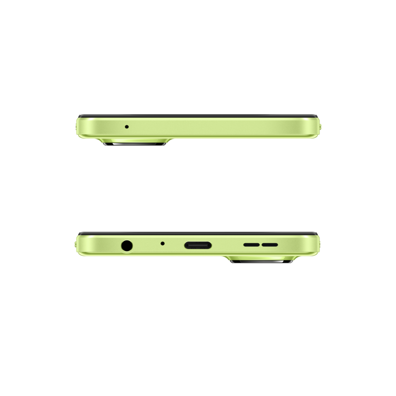 Two side views of a light green phone. Top: camera, speaker. Bottom: headphone jack, port, speakers.