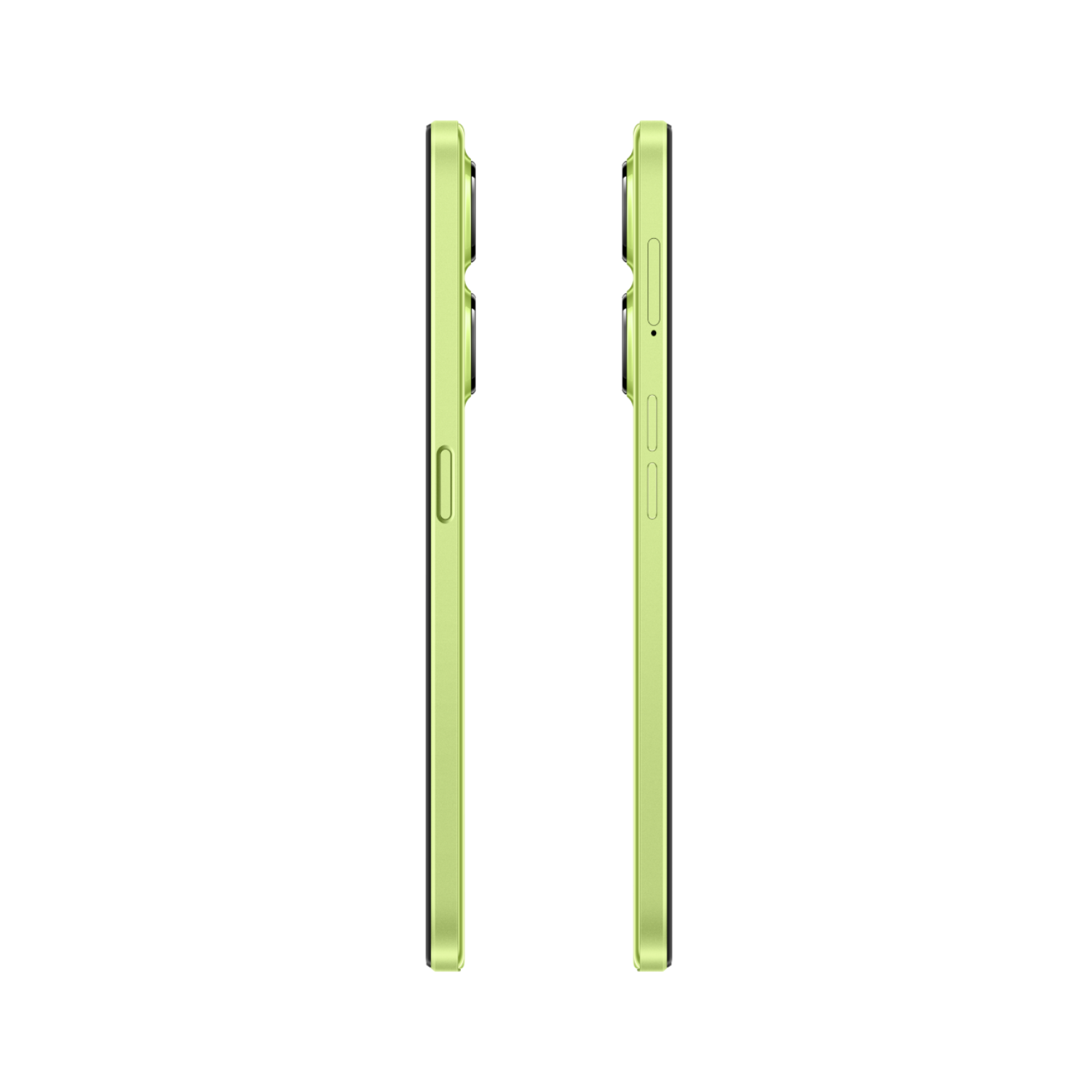 Two phones side-by-side, showing the side view of lime-green colored phones.
