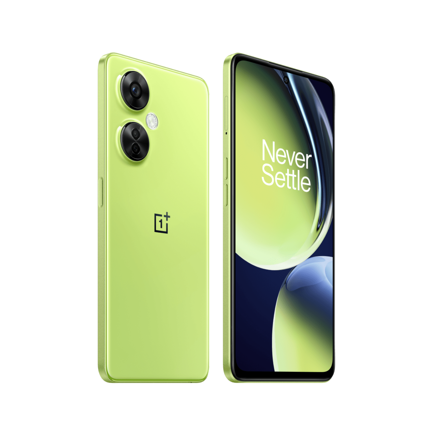 Two green smartphones, one showing the front, the other the back.
