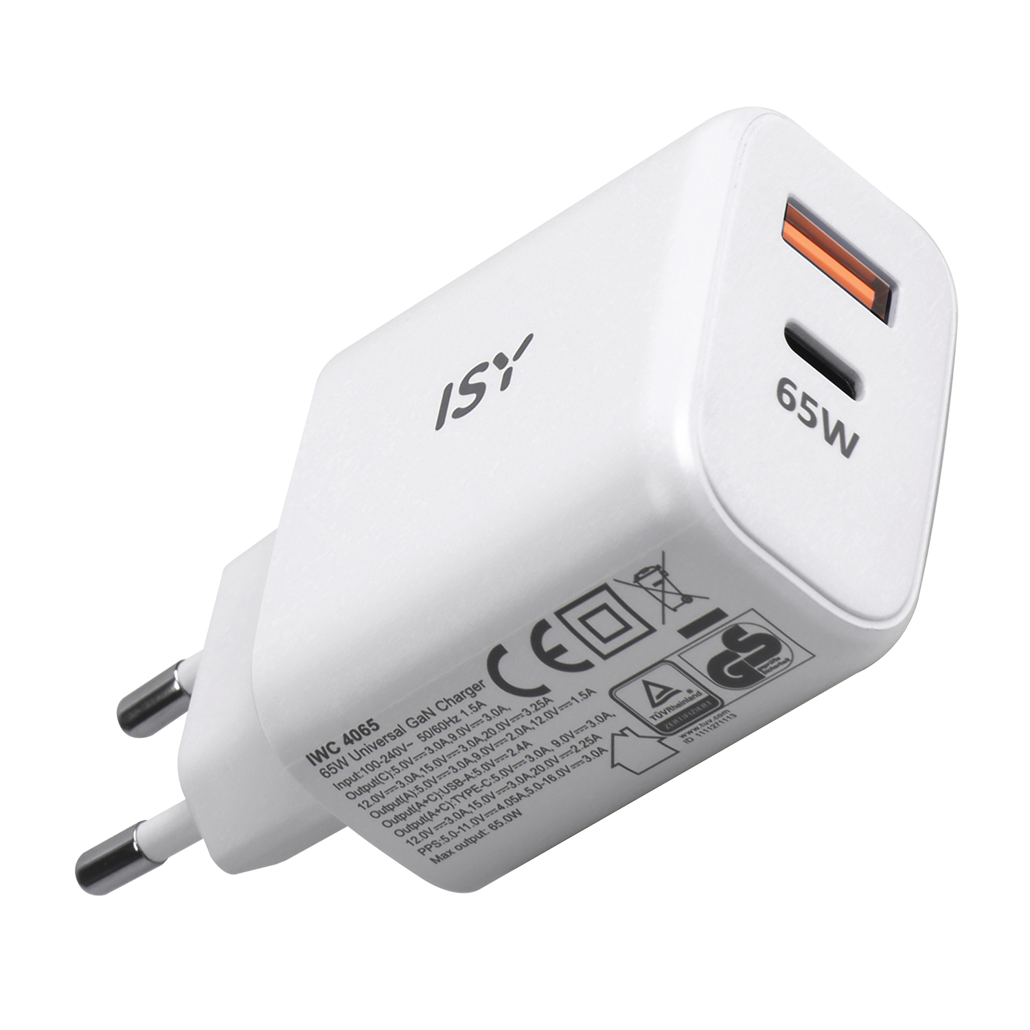 Adattatore di alimentazione bianco con due spine e una porta USB, 65W.