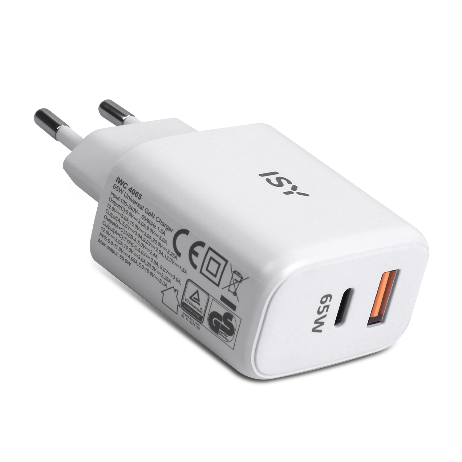 Caricabatterie GaN universale ISY bianco 65W con due pin e una porta USB-C.