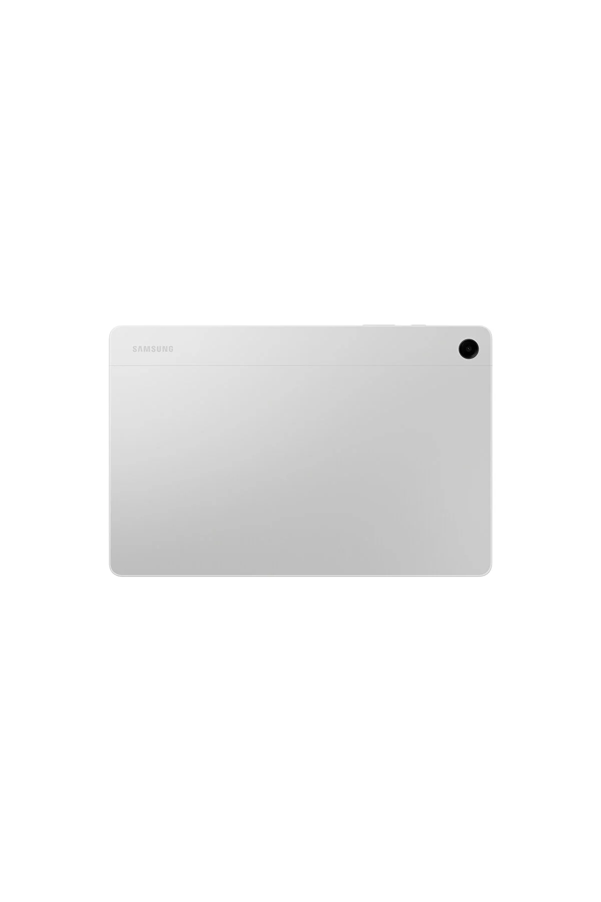 Gümüş bir tablet, arka görünüm, kamera merceği ve marka adı ile.