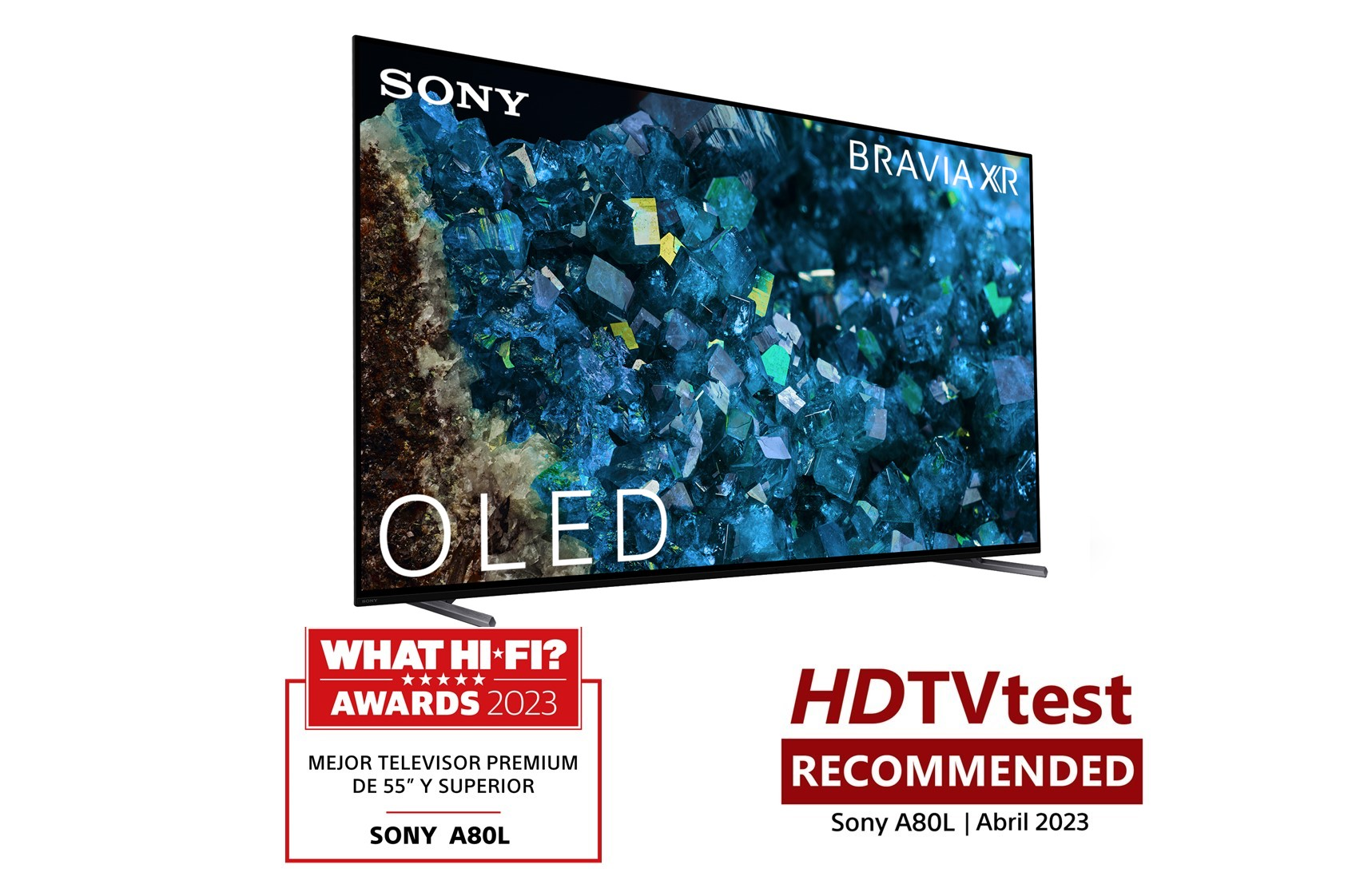 Un televisor OLED Sony sobre un fondo blanco. Tiene un marco negro y muestra una imagen azul vibrante.