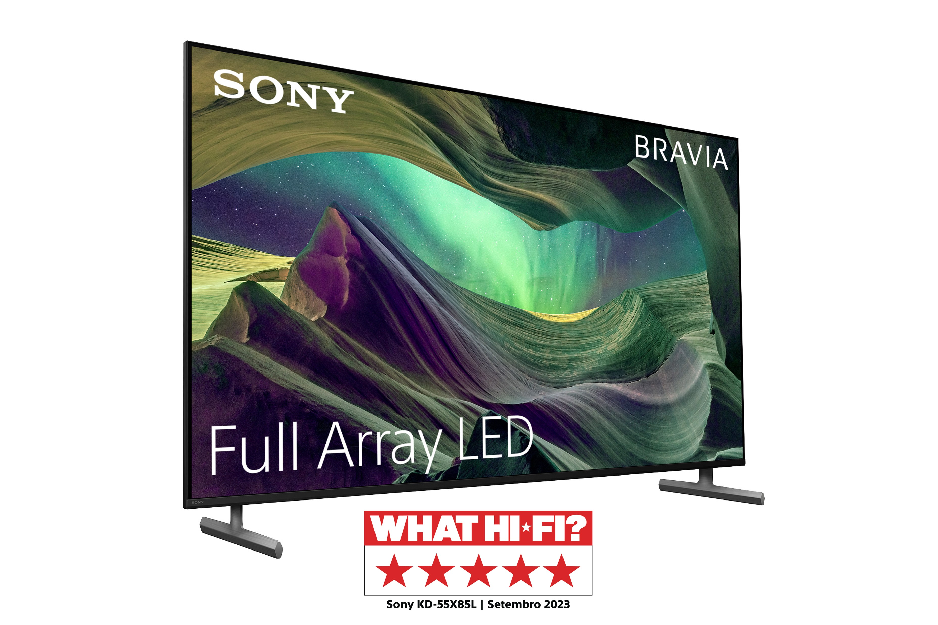 Un televisor Sony Bravia grande con un fondo colorido y un logotipo de revisión.