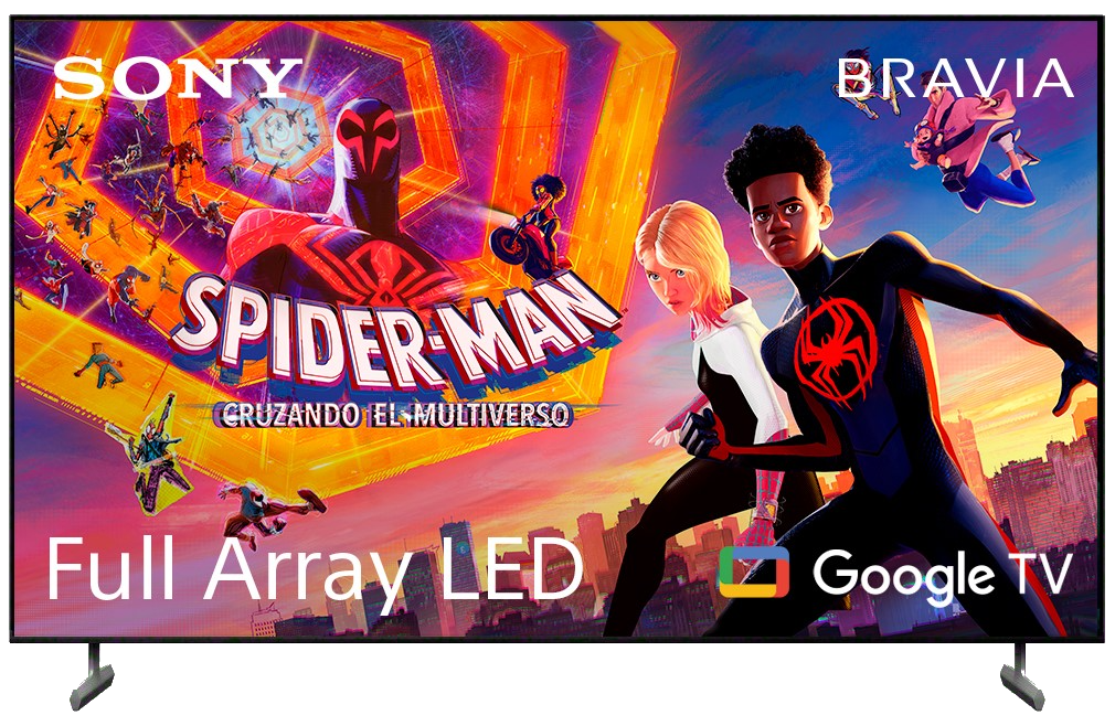 Pantalla de TV Sony Bravia mostrando una escena de la película Spider-Man y el logotipo de Google TV.