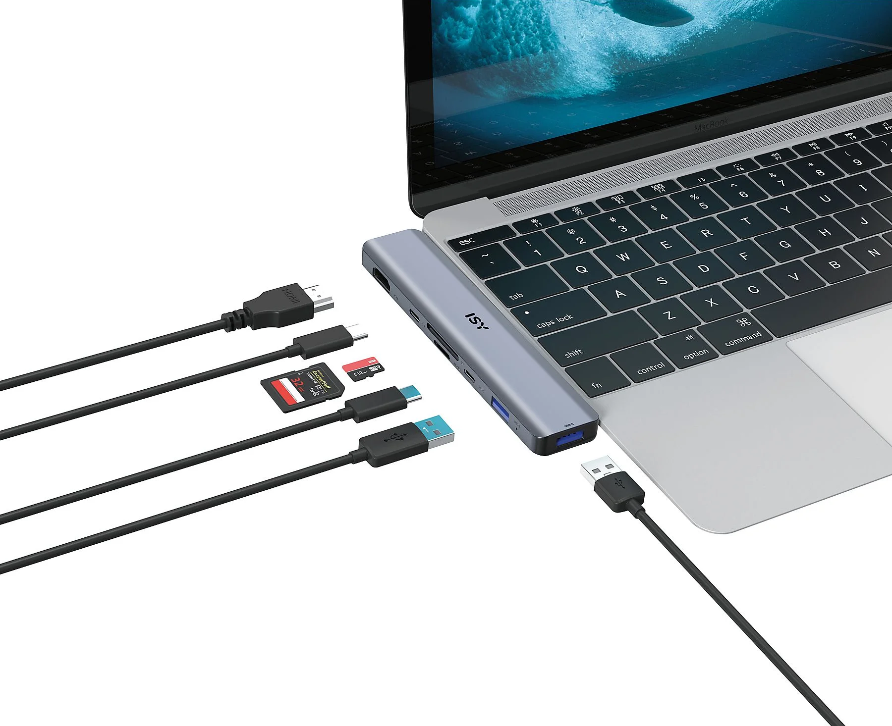Egy laptop egy hubhoz csatlakoztatva, különböző kábelekkel, beleértve az USB-t és az SD-kártyaolvasókat.