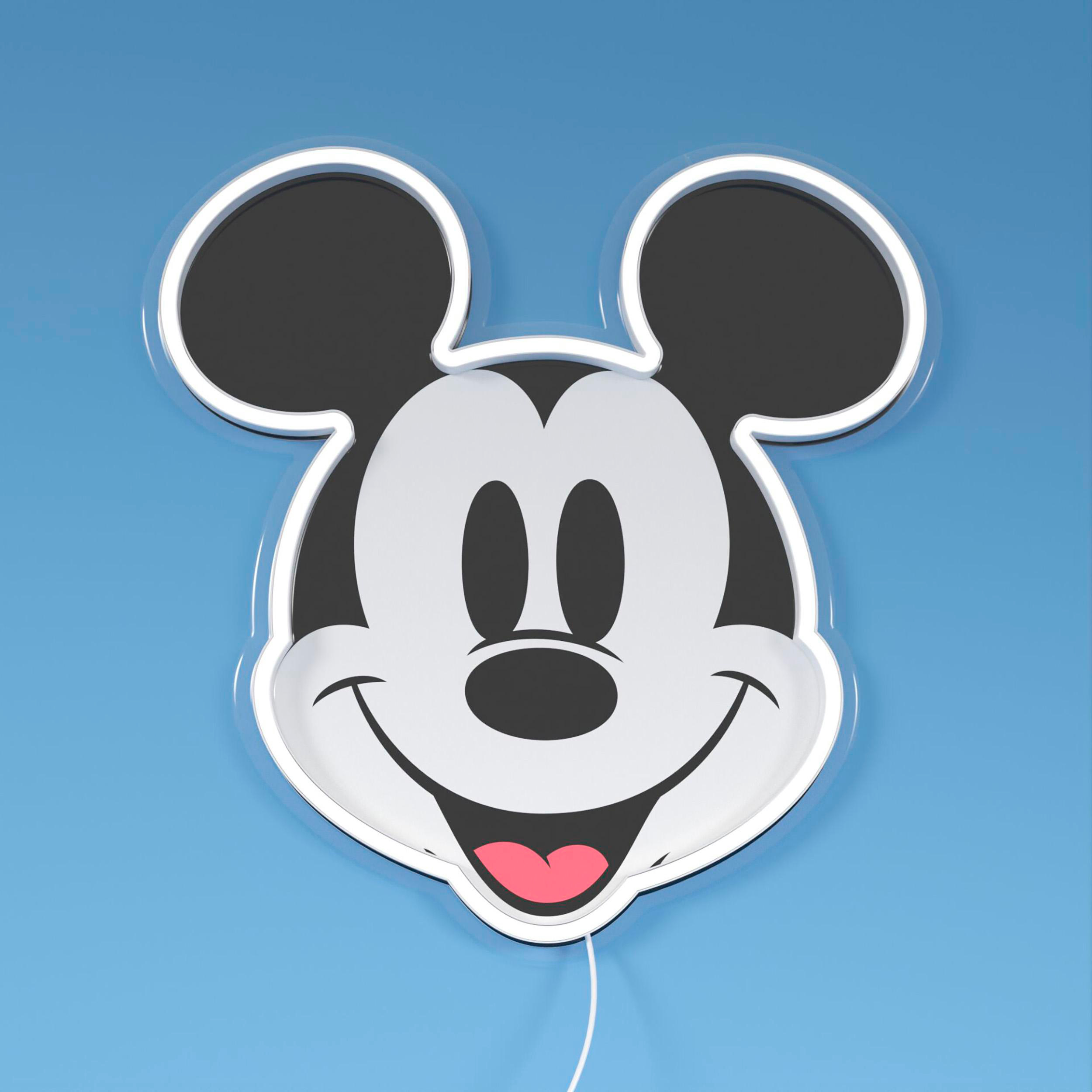 Mickey Mouse Gesichtsumriss leuchtet auf blauem Hintergrund auf.